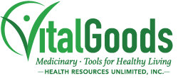 VitalGoods logo with leaf icon and tagline "Medicinary - Tools for Healthy Living, Health Resources Unlimited, Inc."