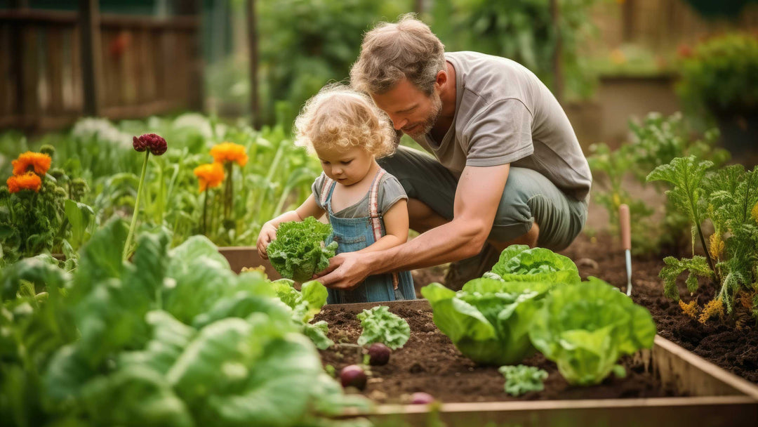 Bearded man helping a child pick vegetables from a raised bed garden.