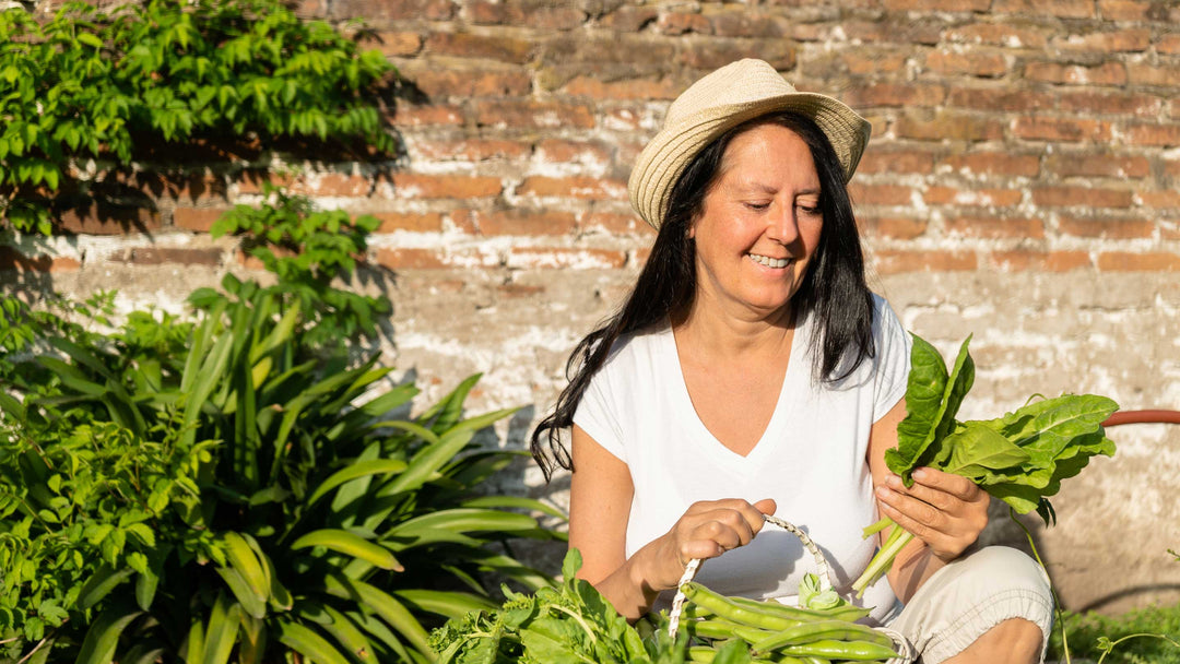 Middle-aged woman happily harvesting chard and beans in her home garden