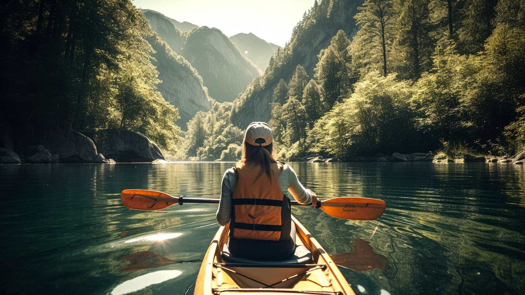 Person in a bright orange life preserver kayaking on the water in a deep ravine.