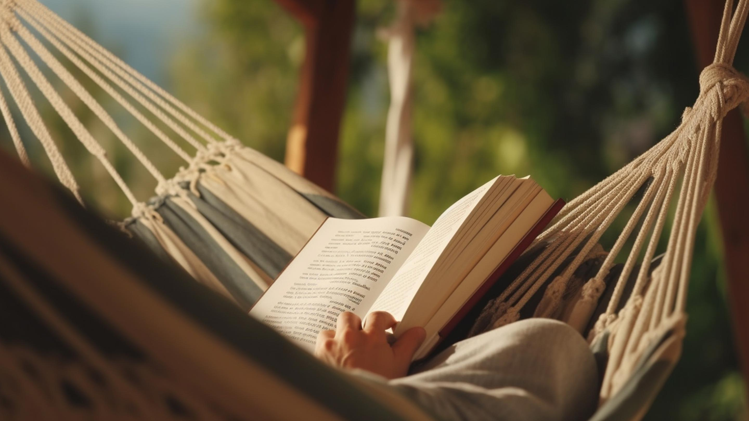 Close-up of a person resting in a hammock, with only the view of their hands holding an open book, relaxing.