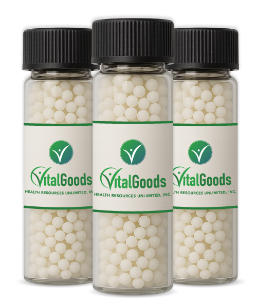 Three glass vials of VitalGoods (Health Resources Unlimited) homeopathic pellets standing side by side.